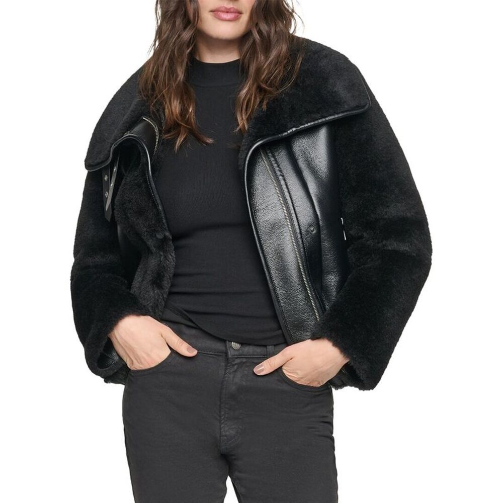Andrew Marc Womens  Kemsley Mixed Media Moto Jacket, Black